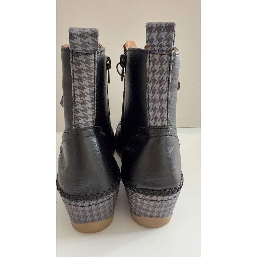 Anesha Women’s Black Leather Ankle Boots Houndstooth Wedge Zip US 9 EU 40